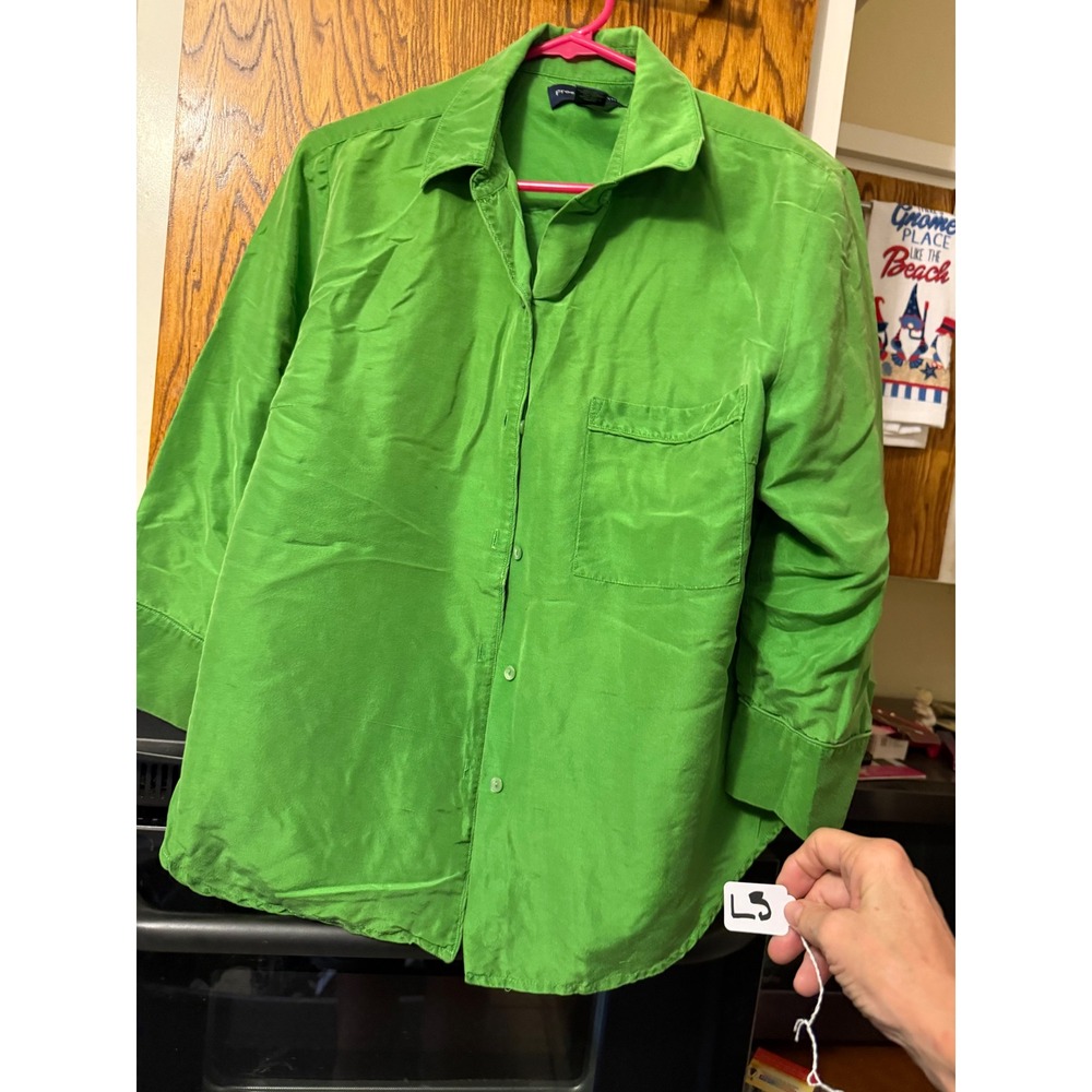 Preston & York Lime Green Silk Button Down Shirt Womens Large Long Sleeve Pocket